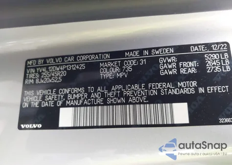 2023 Volvo Xc60 B5 Plus Dark Theme из США, поврежденный, VIN YV4L12DW4P1312425